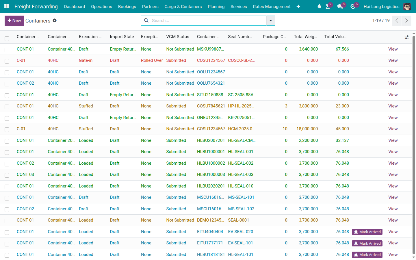 Containers list showing COSU1234567 with the Rolled Over exception highlighted.