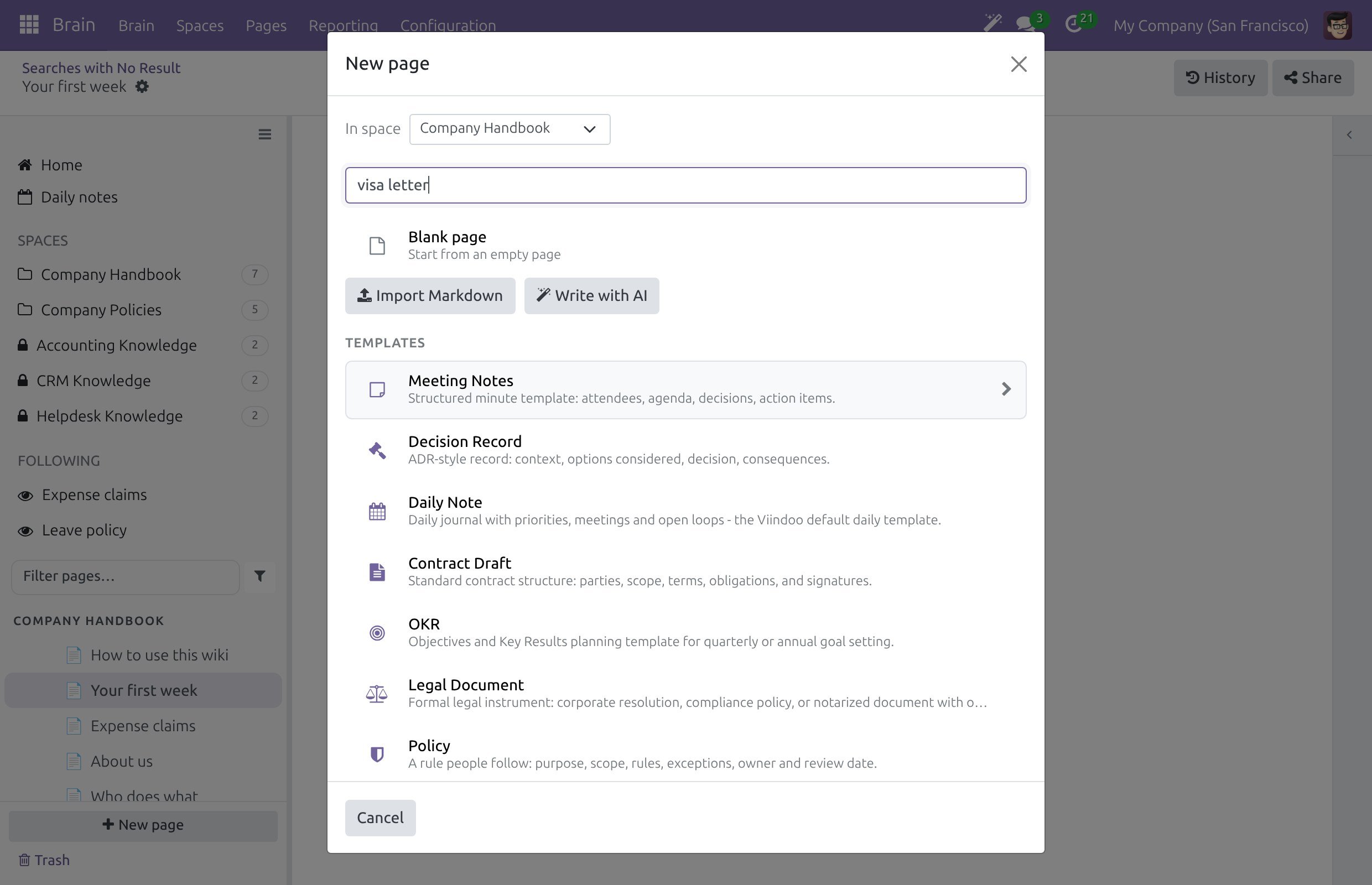 The New page dialog opened from a search with the query in the title field, the In space list and the templates