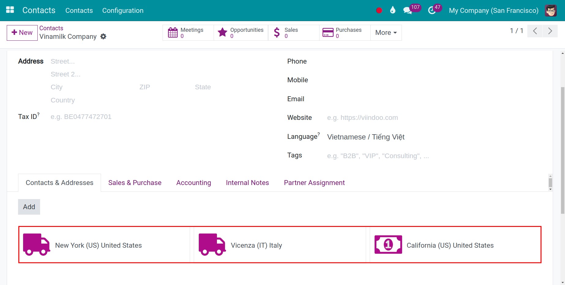 The Invoice Address and Delivery Address are now visible on the view Contacts Viindoo
