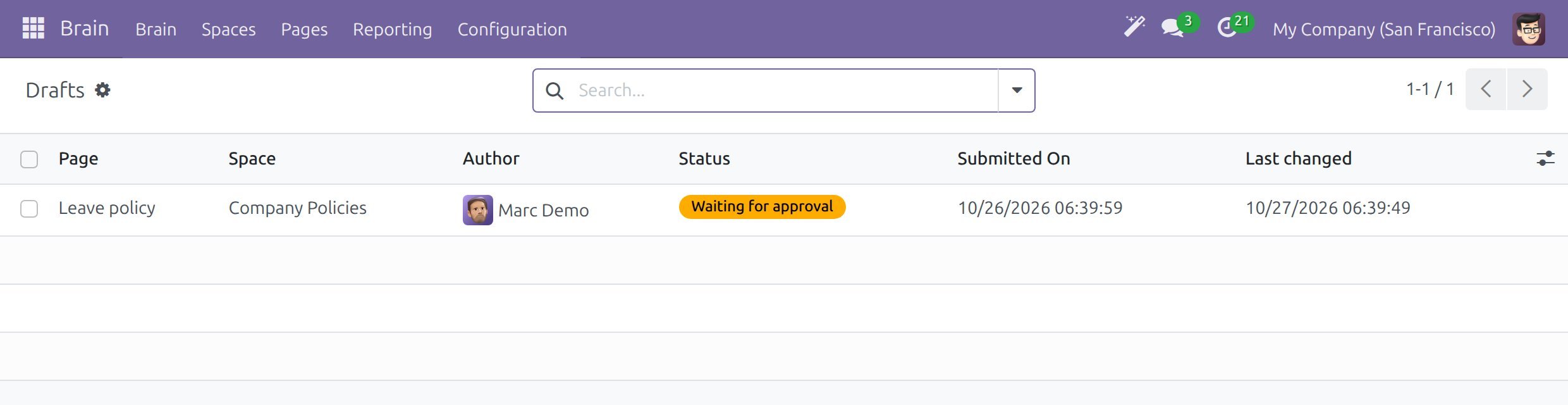 The Drafts list with a draft of Marc Demo that waits for approval