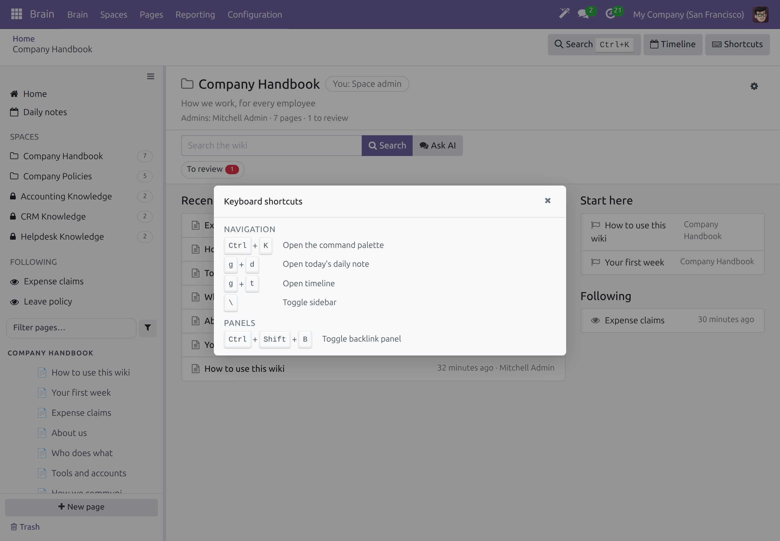 The Keyboard shortcuts dialog listing the command palette, daily note, timeline, sidebar and backlink panel shortcuts