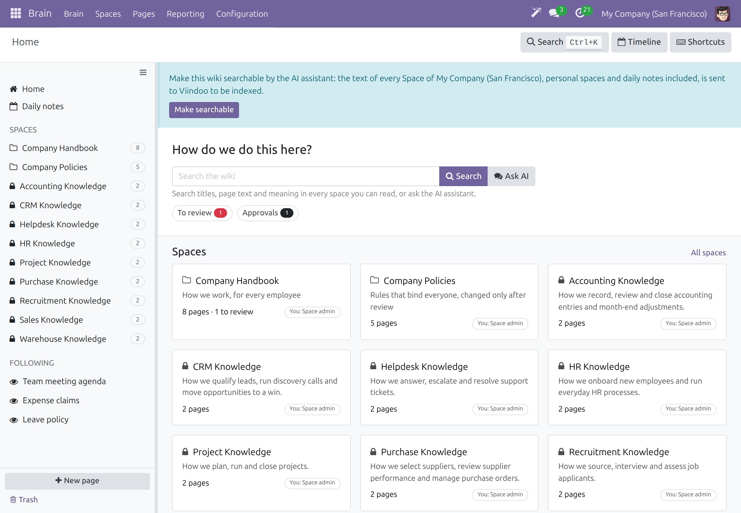 The Home notice asking a wiki admin to make the wiki searchable by the AI assistant, naming the company and the provider, with the button Make searchable