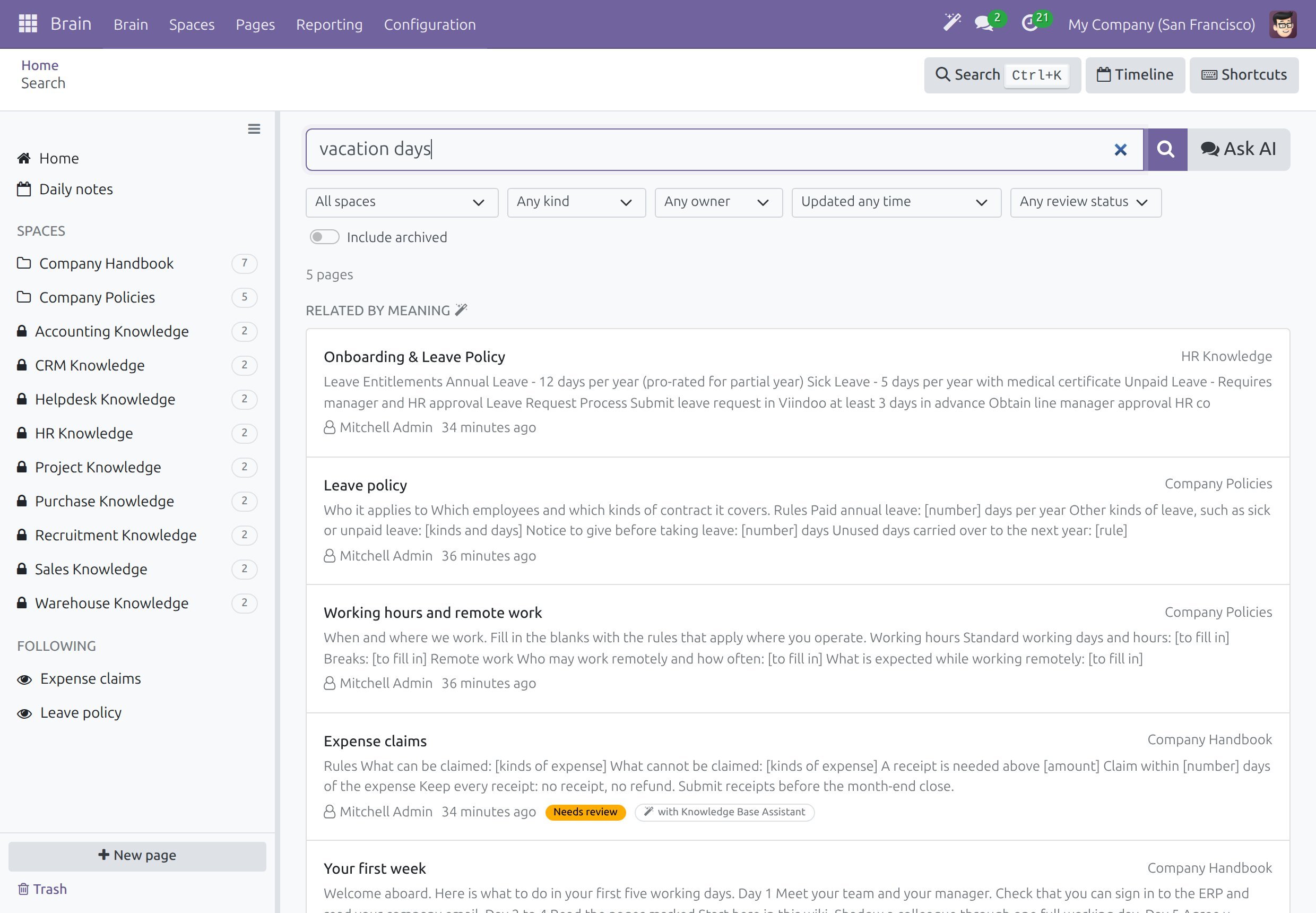 A search whose words appear in no page, with the group Related by meaning listing leave and working time pages