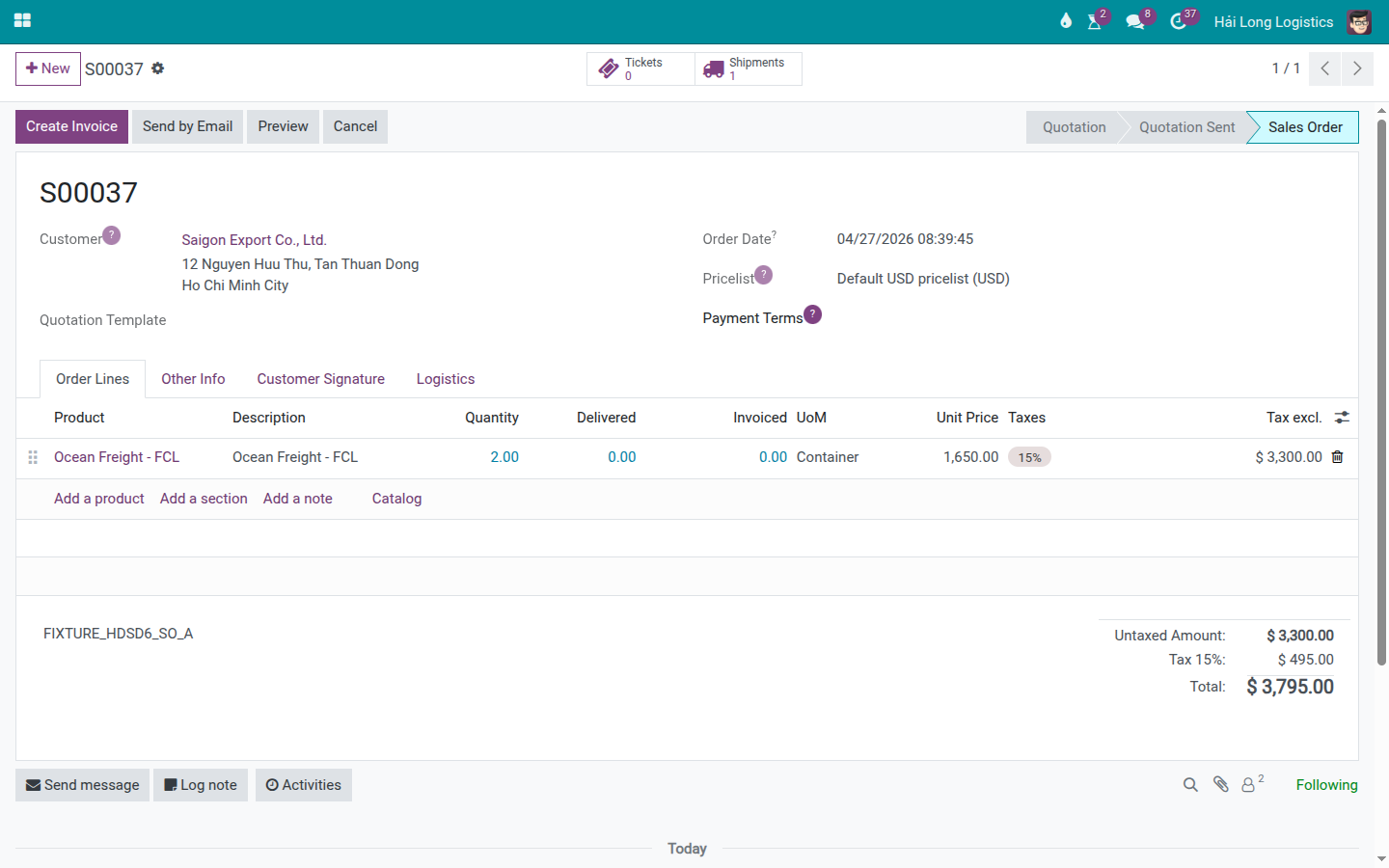 Shipment automatically created and linked from the sales order after quotation confirmation.