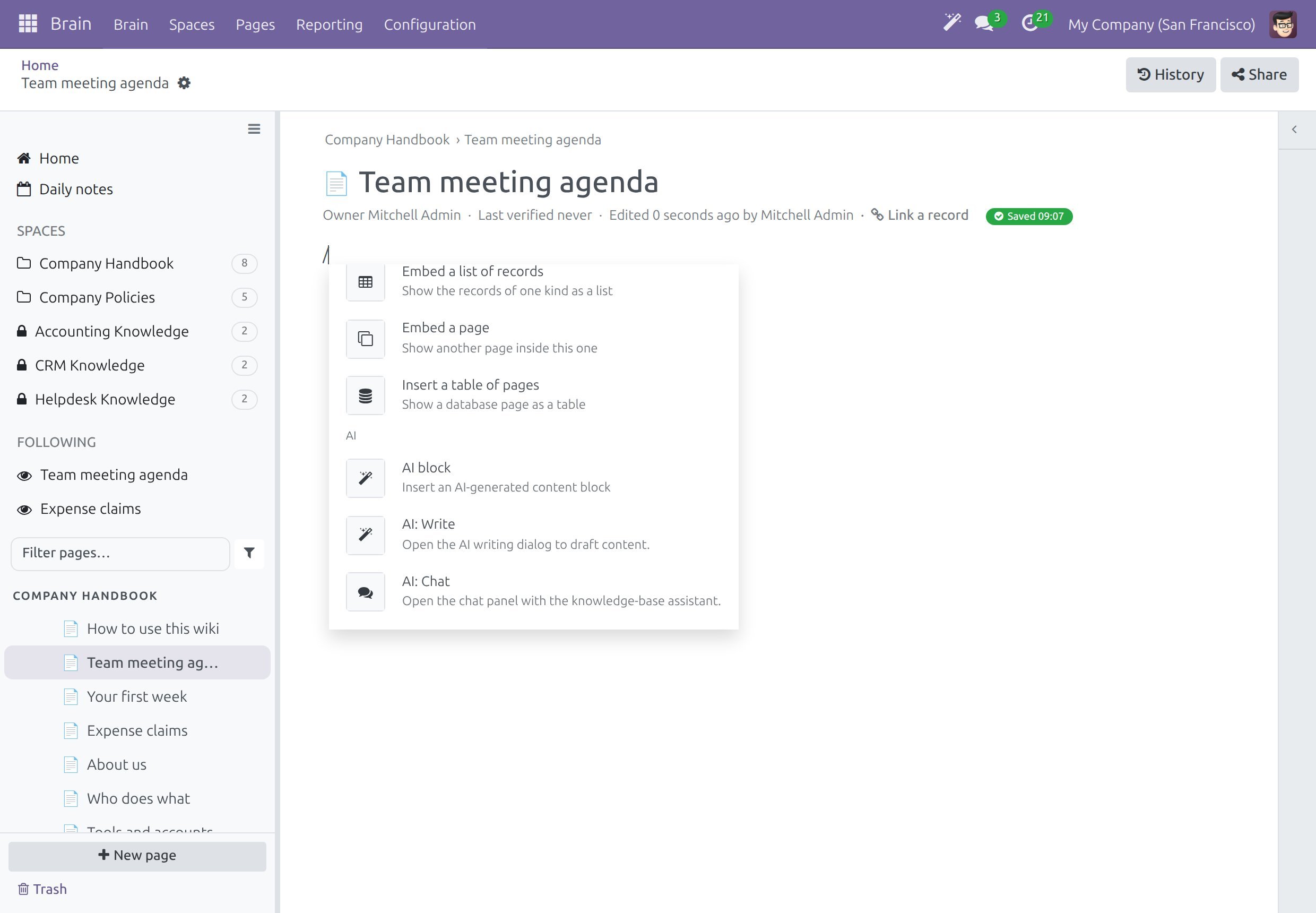 The slash menu scrolled to the AI group, which offers AI block, AI: Write and AI: Chat