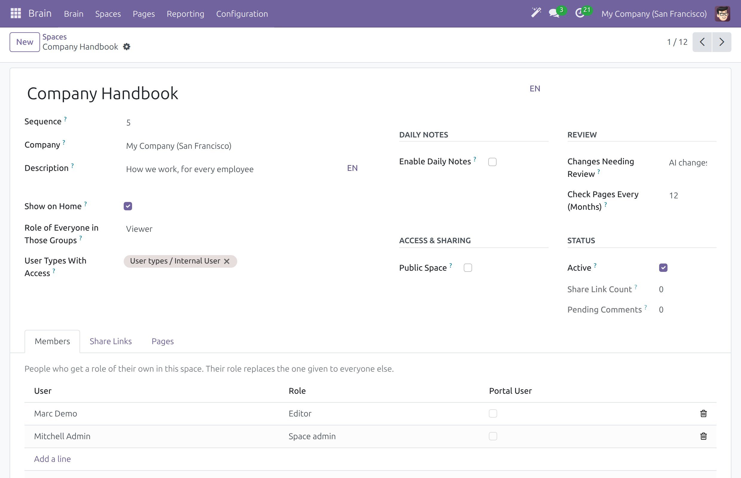 The form of the Company Handbook Space with its review settings, access options and the Members tab