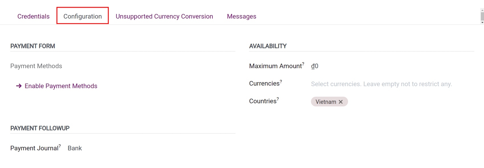 Payment service provider configuration tab  - Viindoo Accounting