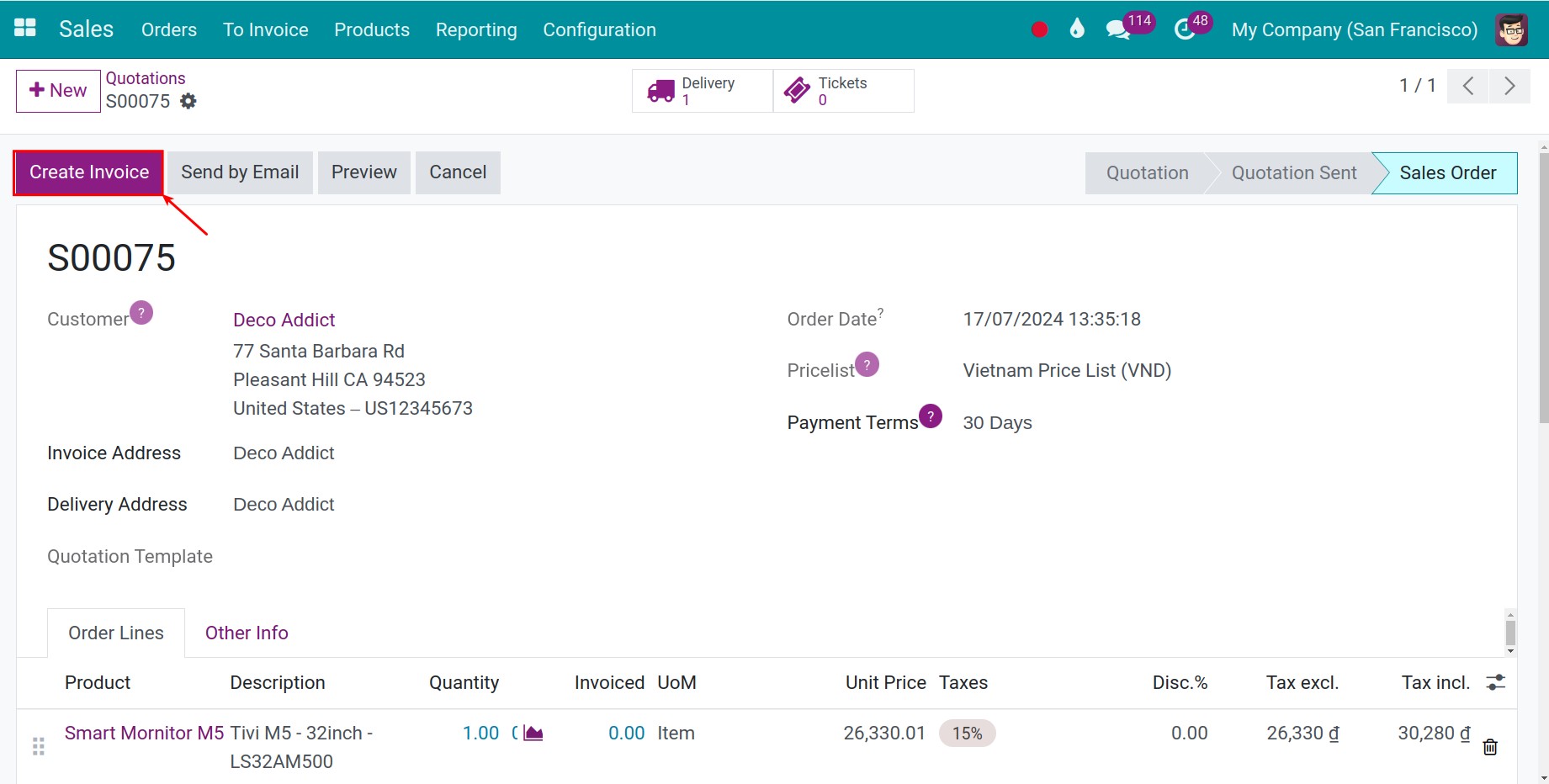 Generate invoice by order quantity Invoice Viindoo