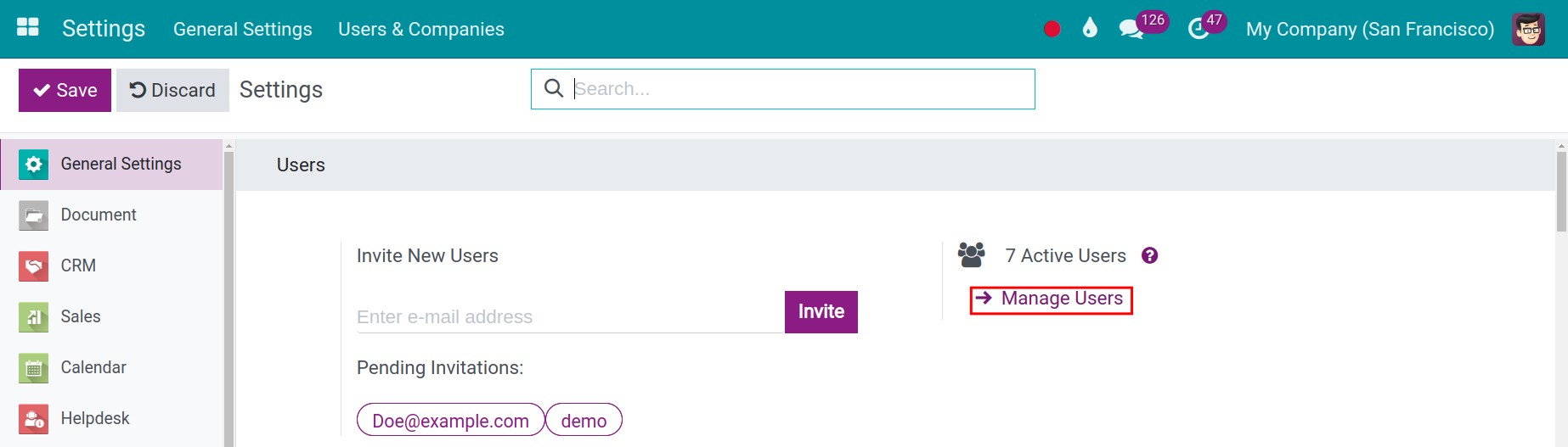 Manage users in general settings -Viindoo