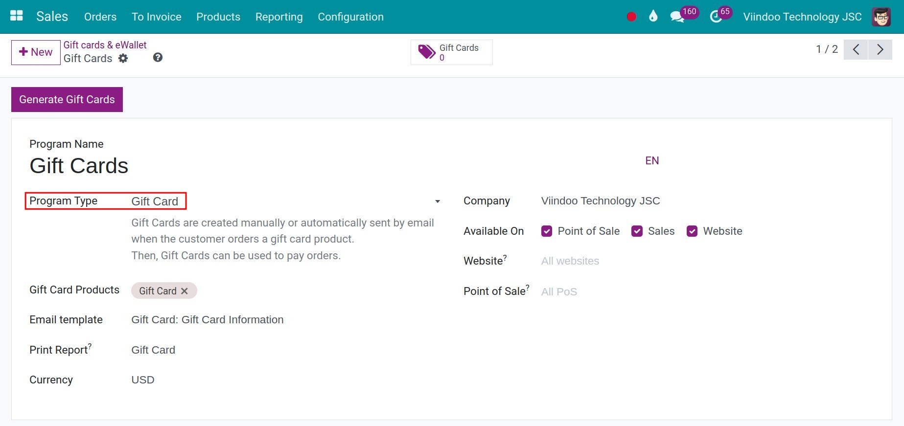 Set up a gift card program in Viindoo