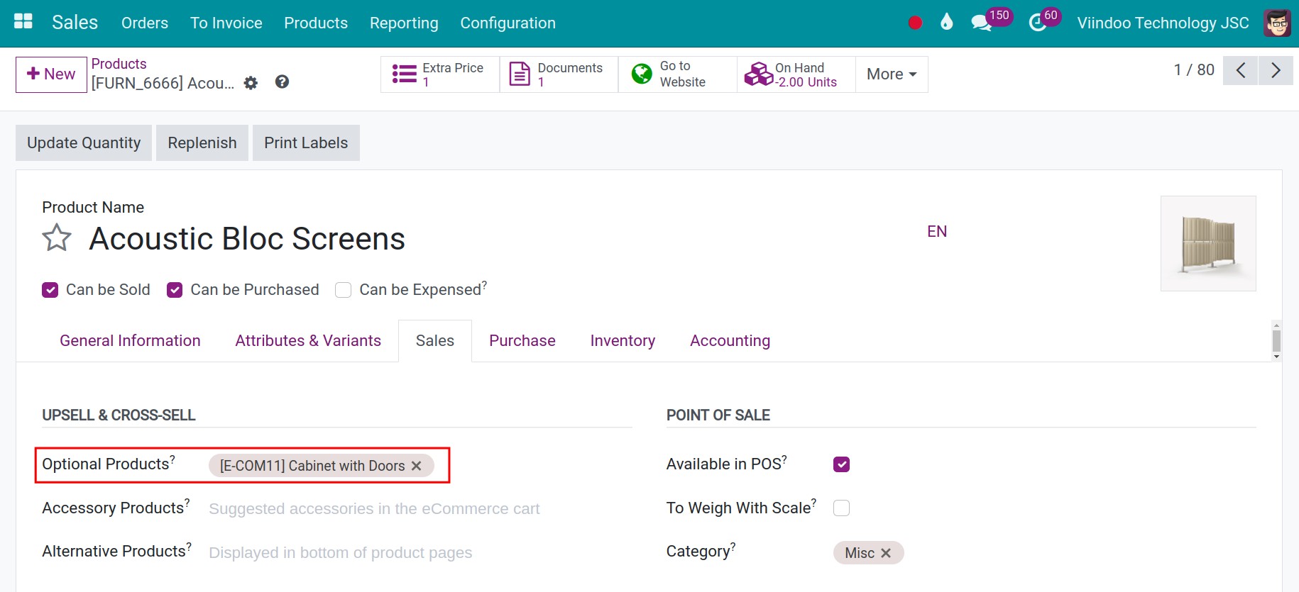 Configure the optional product in Sales - Viindoo.