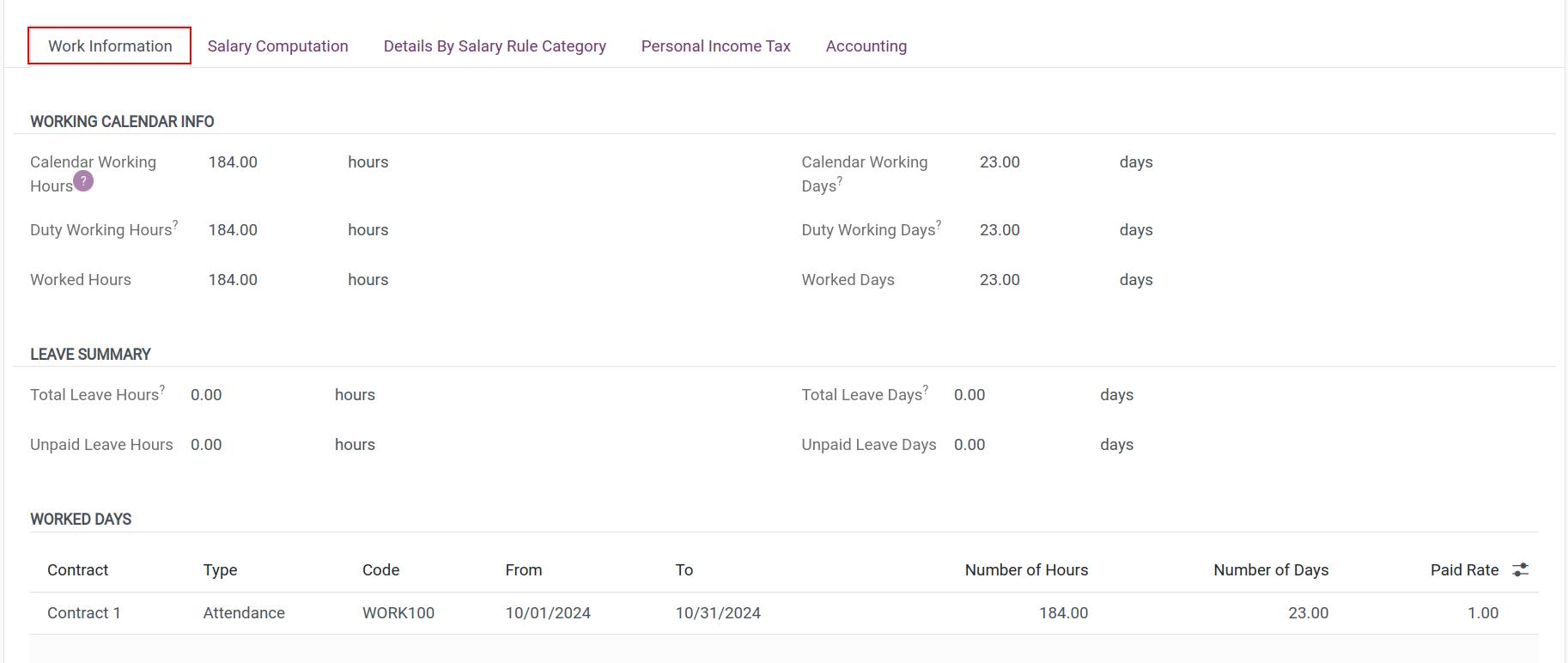 Working Calendar Info in Viindoo