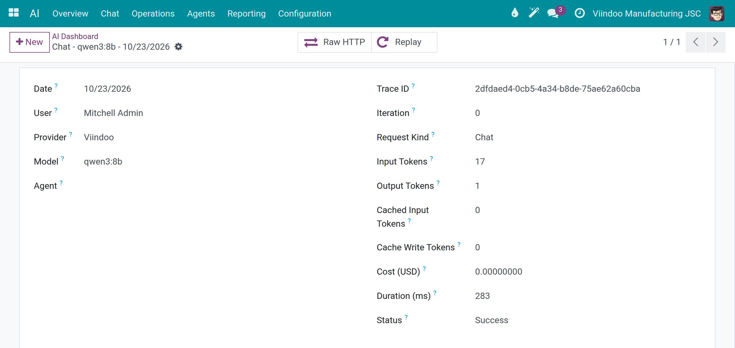 A call with the Raw HTTP and Replay buttons, the Trace ID, tokens, cost and status