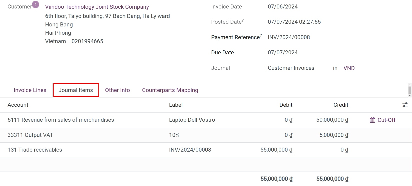 Journal items in Viindoo accounting app