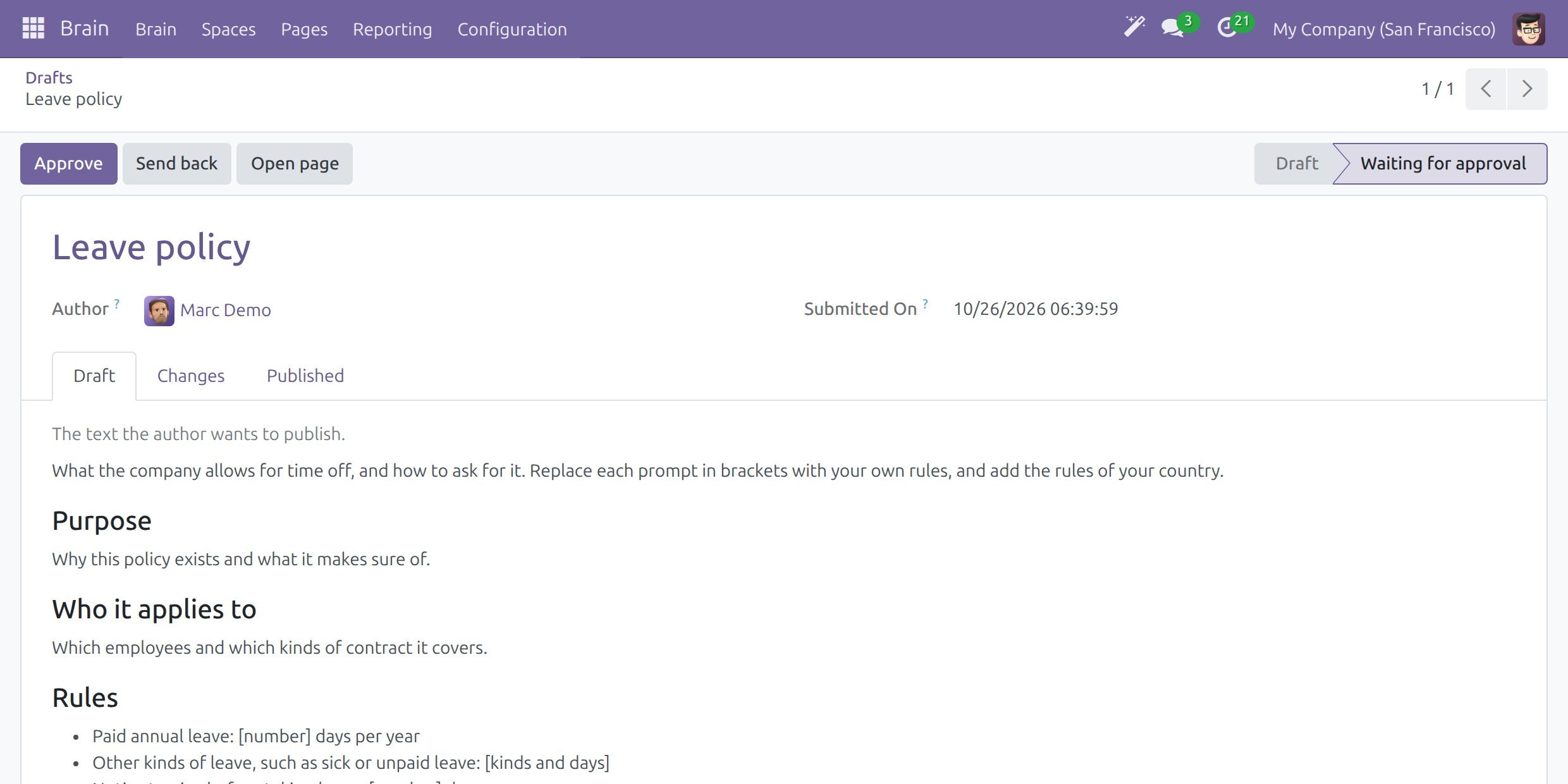 The approval form of a draft with the Approve, Send back and Open page buttons and the status Waiting for approval