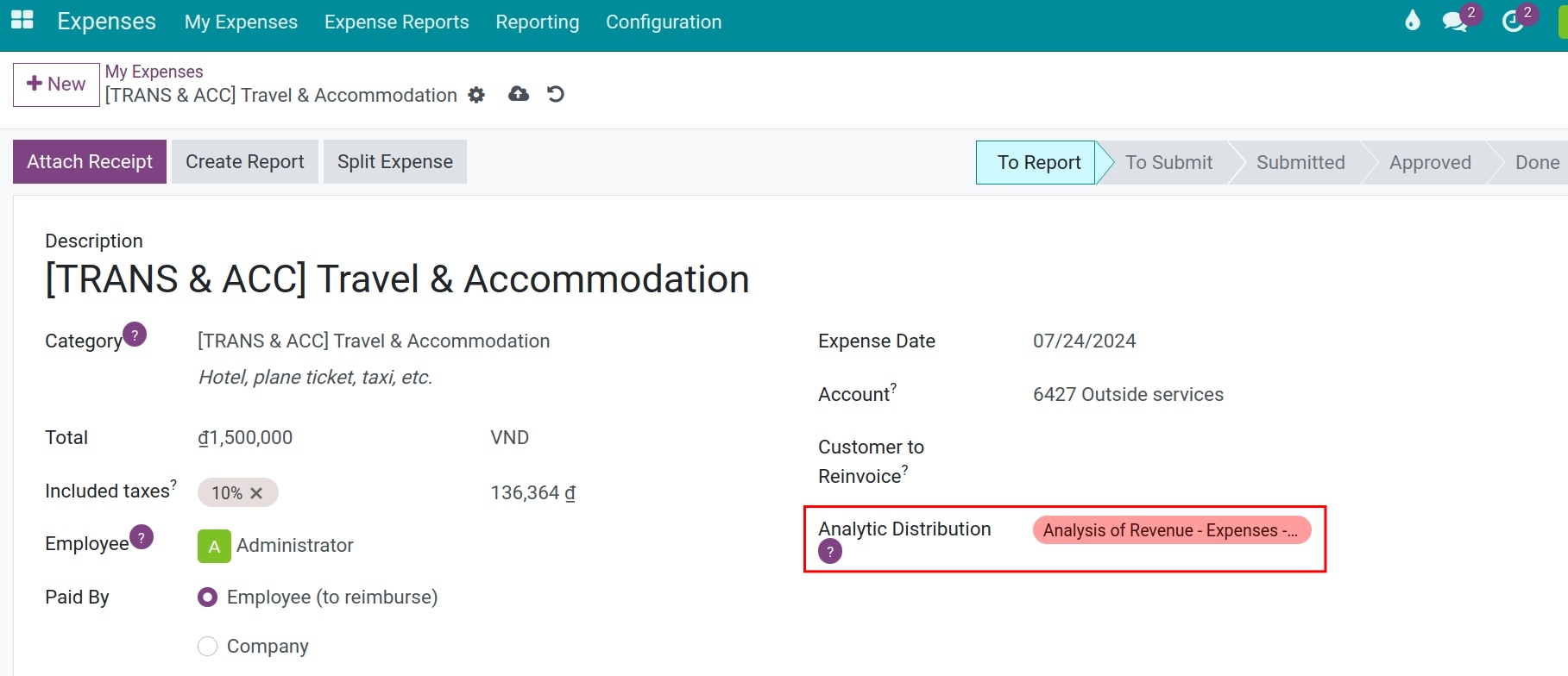 Track costs from project expenses - Viindoo Accounting app