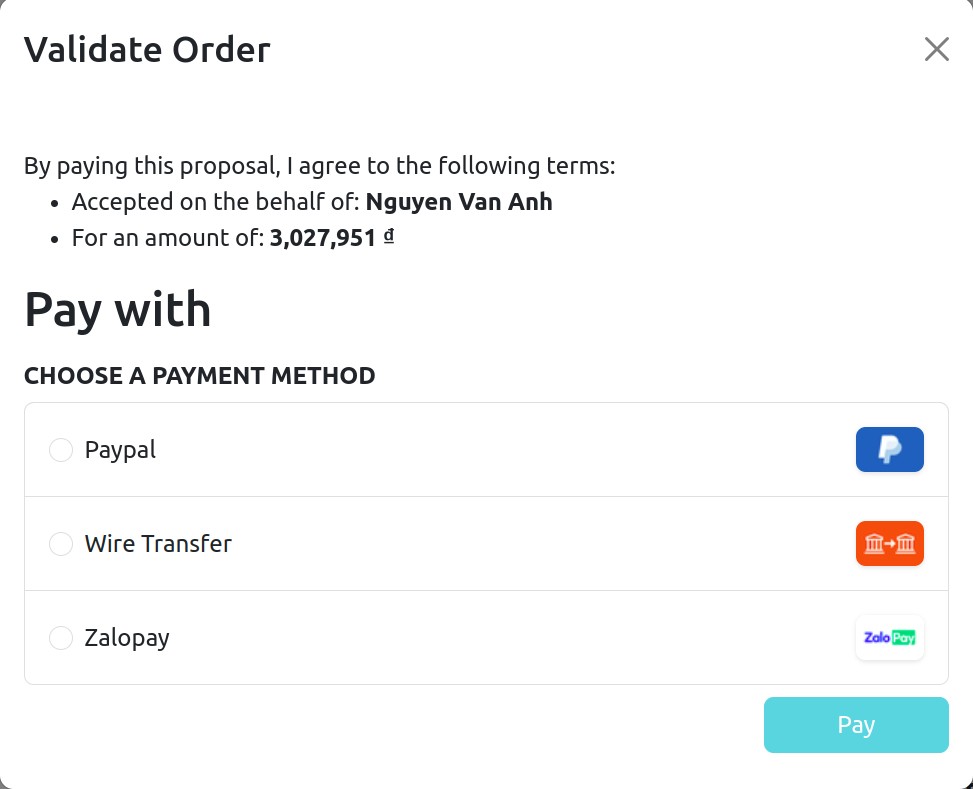 Pay and confirm Quotation Online Payment - Viindoo.
