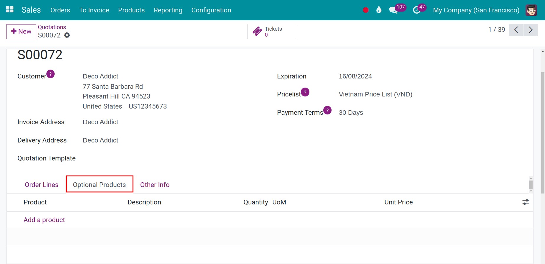 Select an optional product