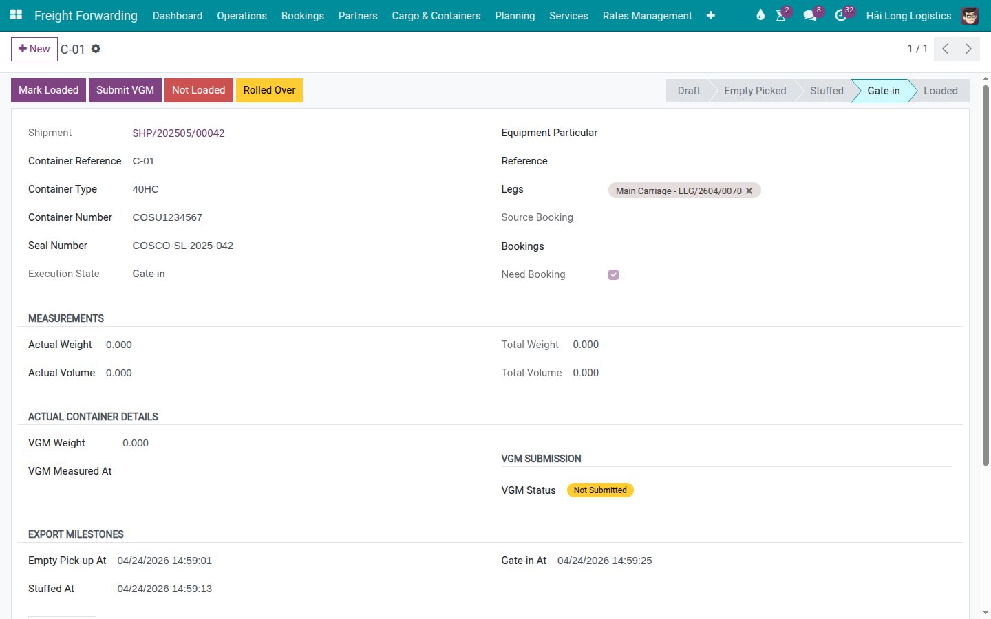 Export container after Gate-in, ready to mark Loaded.