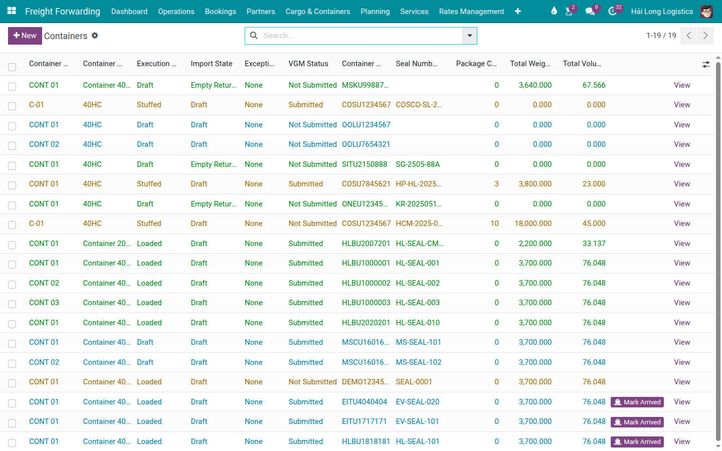 Containers list after VGM submission with container COSU1234567 showing VGM Status Submitted.