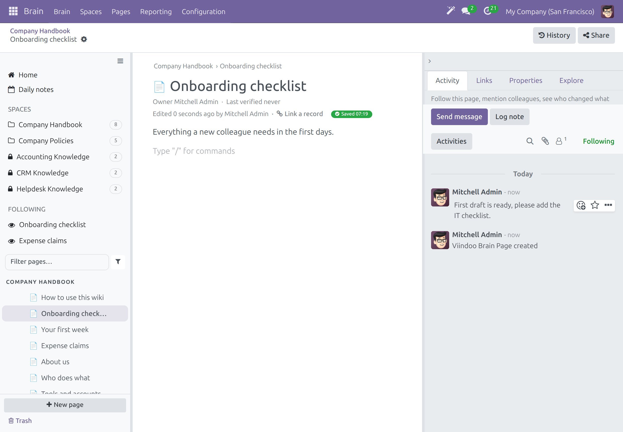 The Activity tab of a page with a logged note, the Send message and Log note buttons and the Following button