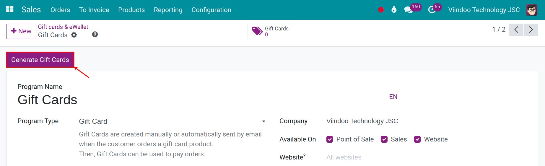 Generate a gift card in Viindoo