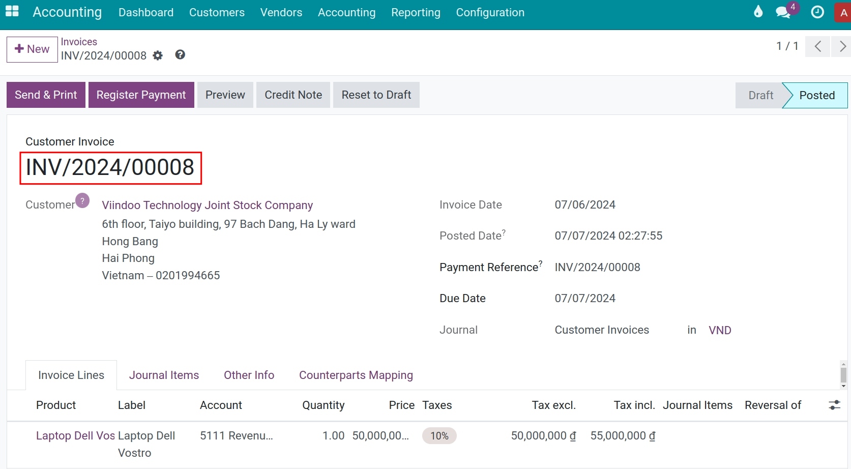 Journal items in Viindoo accounting app