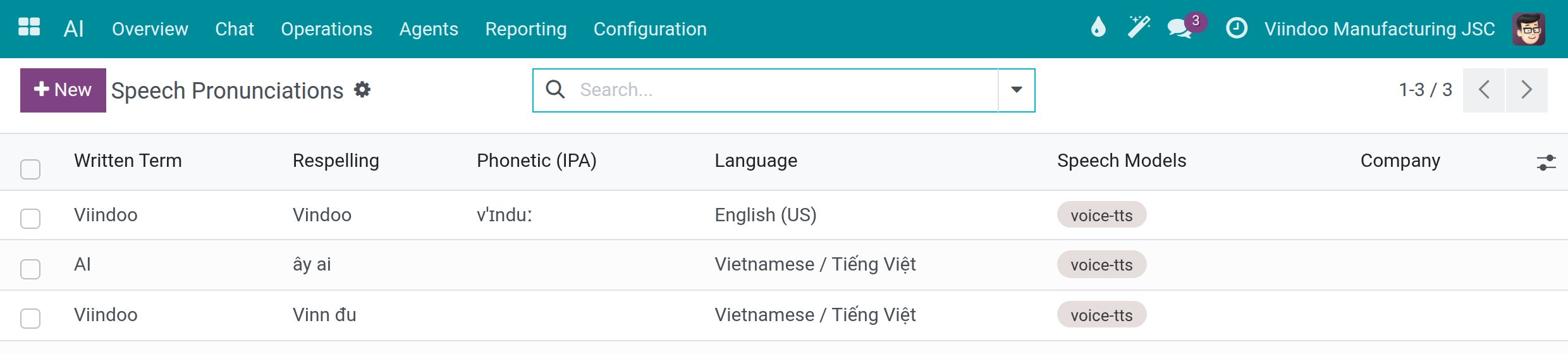 The list of speech pronunciations with the written term, respelling, language and speech model