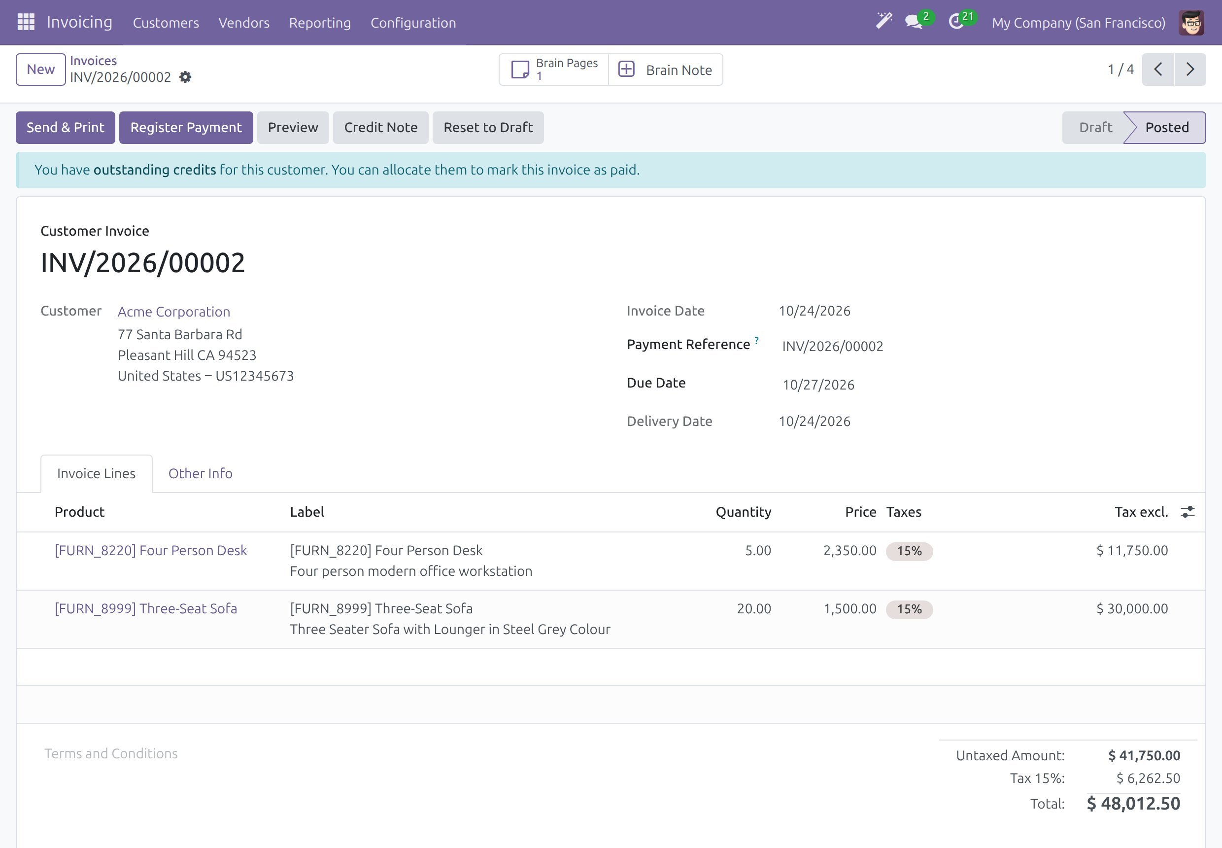 An invoice with the Brain Pages button showing one page and the Brain Note button