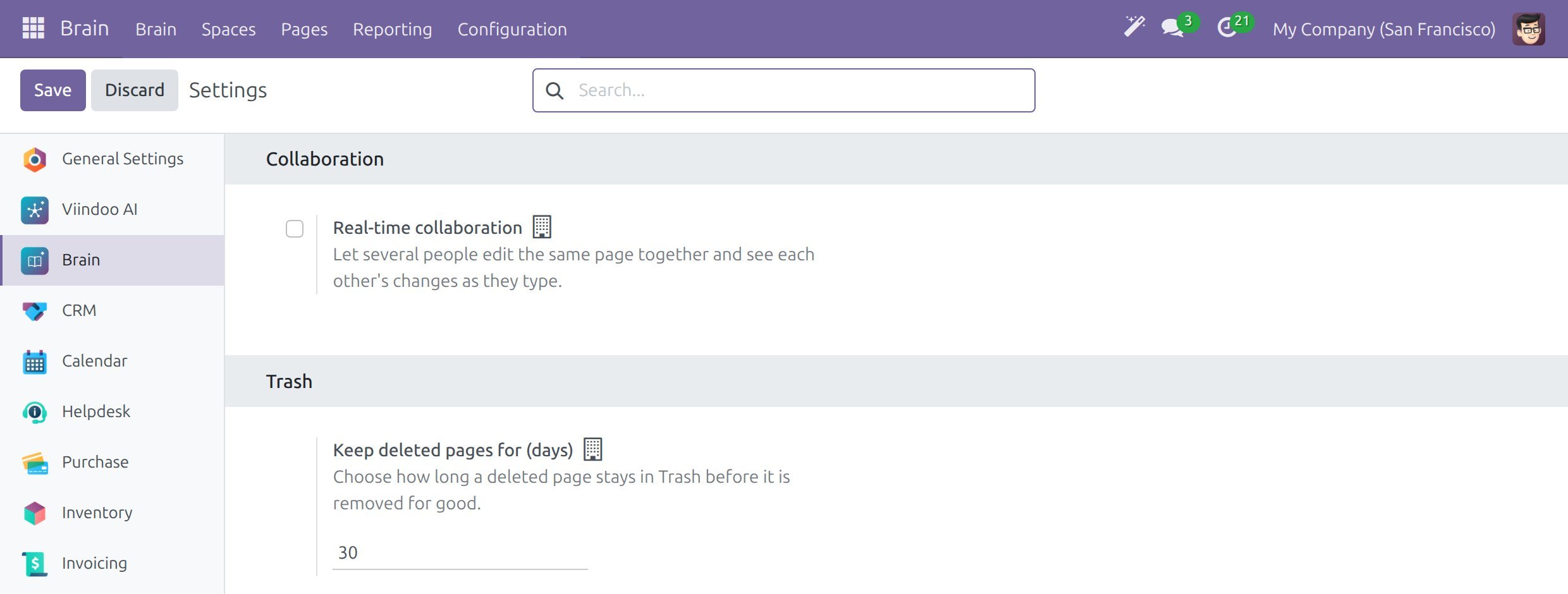 The Brain tab of Settings with the Collaboration section and the Trash section with the field Keep deleted pages for (days)