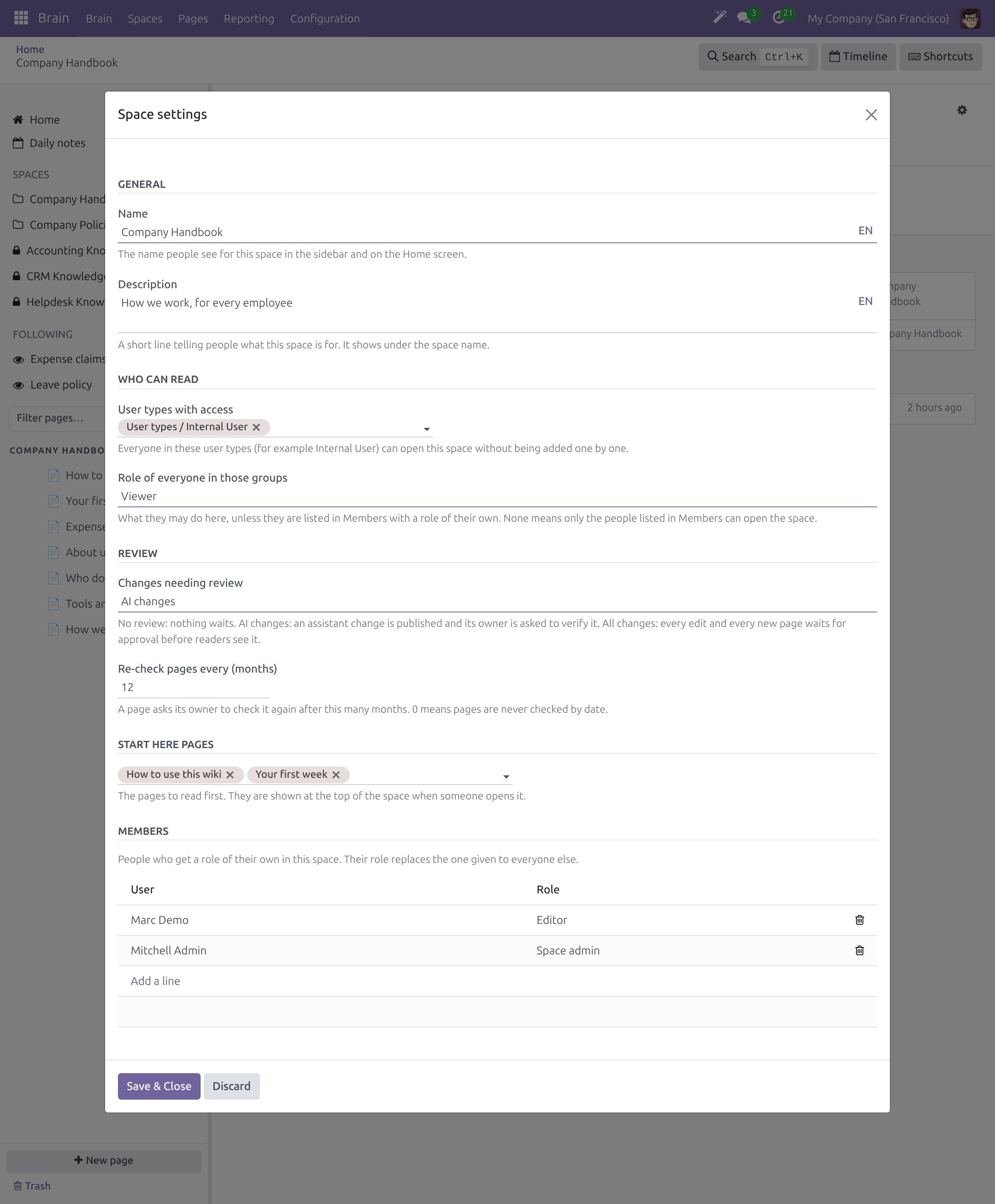 The Space settings dialog with the sections General, Who can read, Review, Start here pages and Members