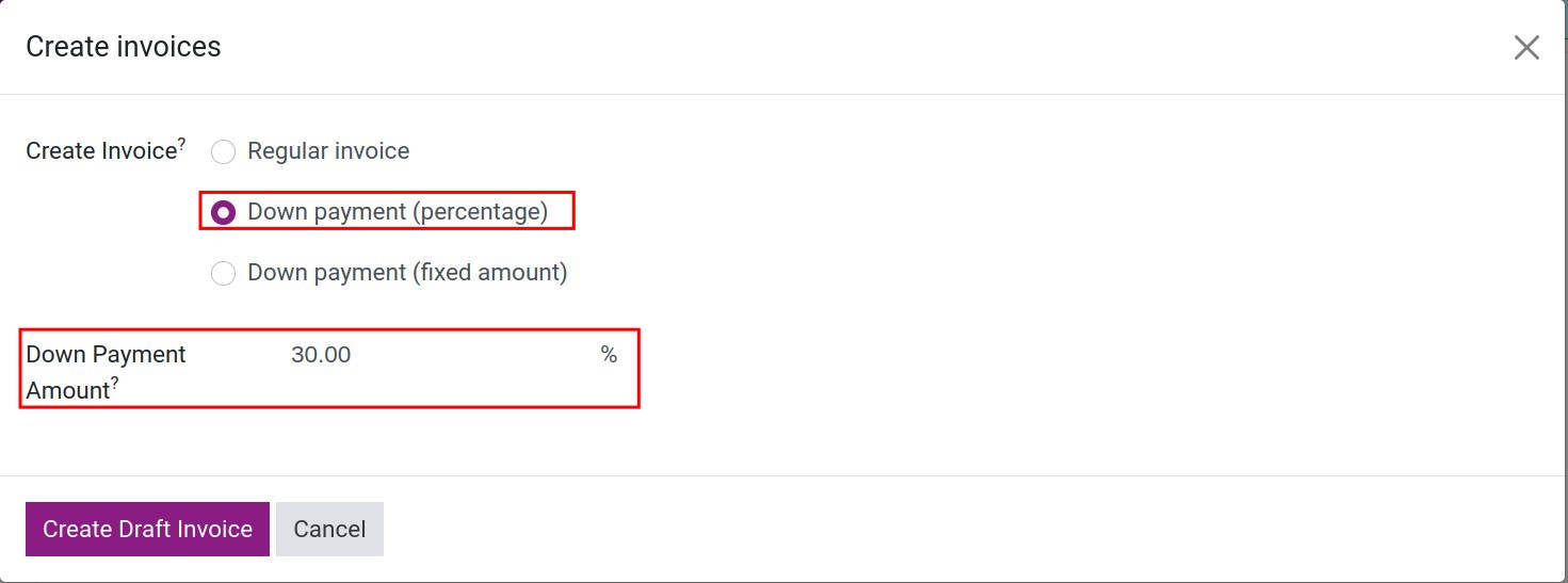 down payment invoice for 30 percentage