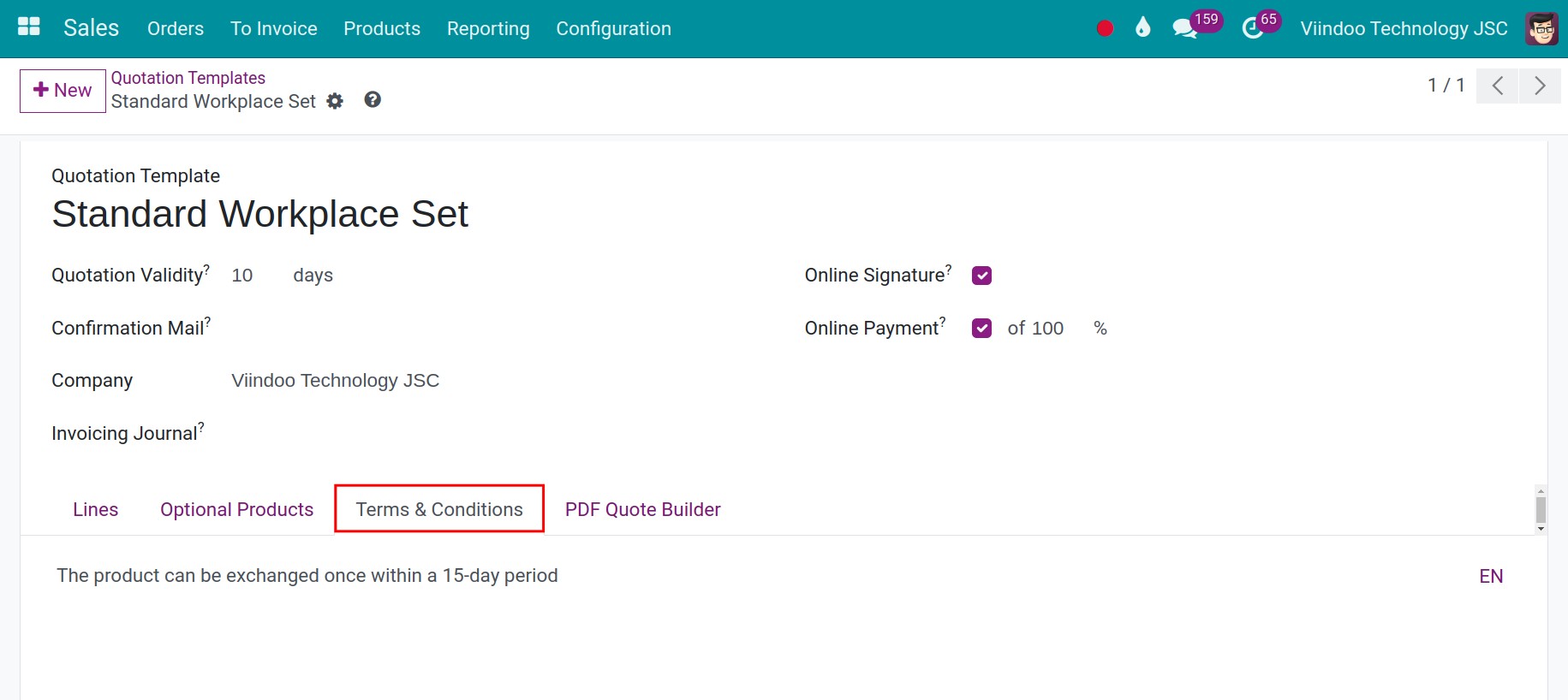 Confirmation in the quotation template - Viindoo