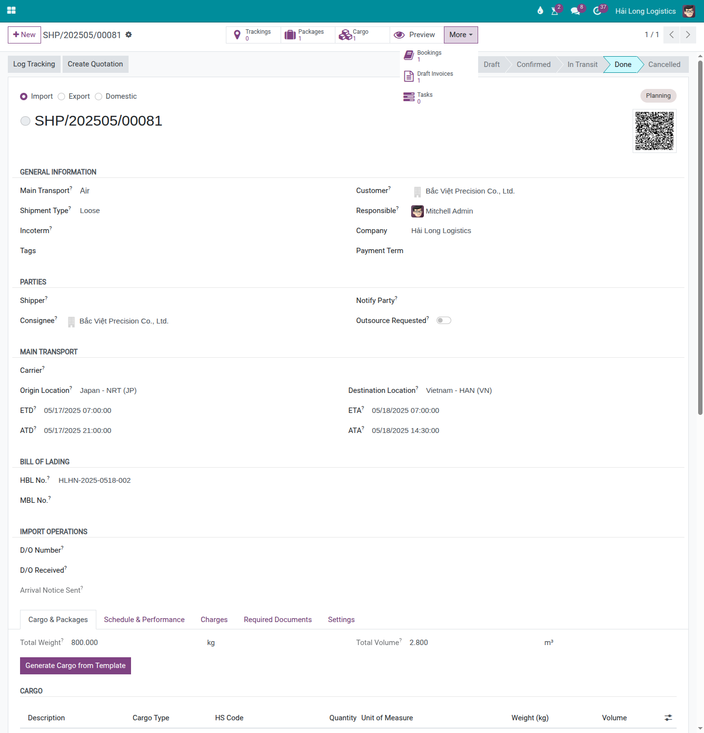 Air import shipment in Done status, with More menu showing Bookings, Draft Invoices, and related tracking links.