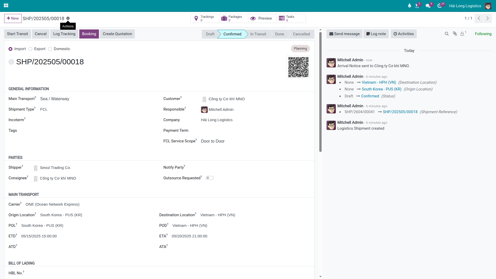 Import shipment after Send Arrival Notice showing the timestamp recorded and the log entry in the Chatter.