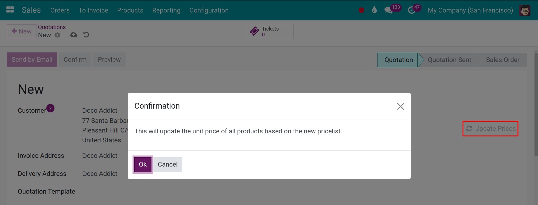 Updated price on a quotation