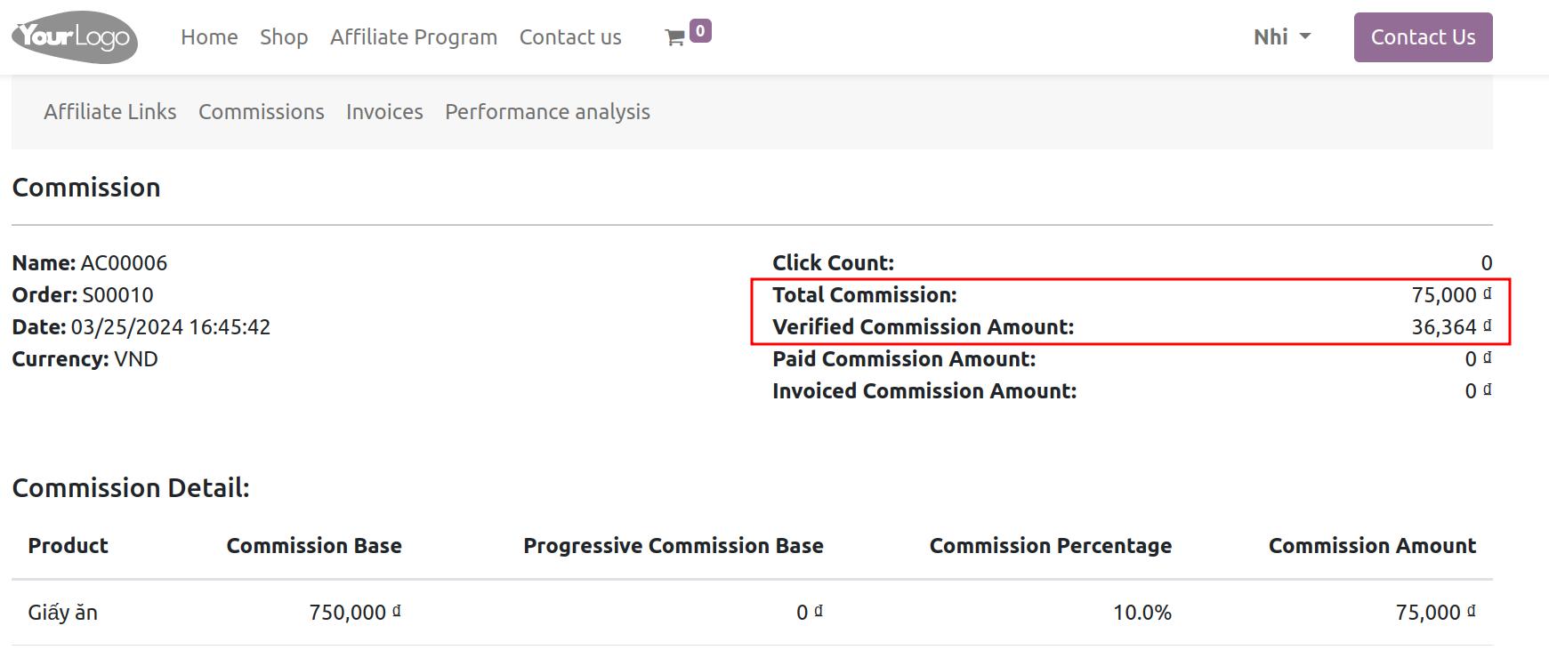 Select the sale order you want to view commission