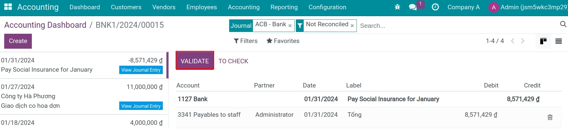 Reconcile the Bank Deposit account with the Employee Payable account - Viindoo Accounting