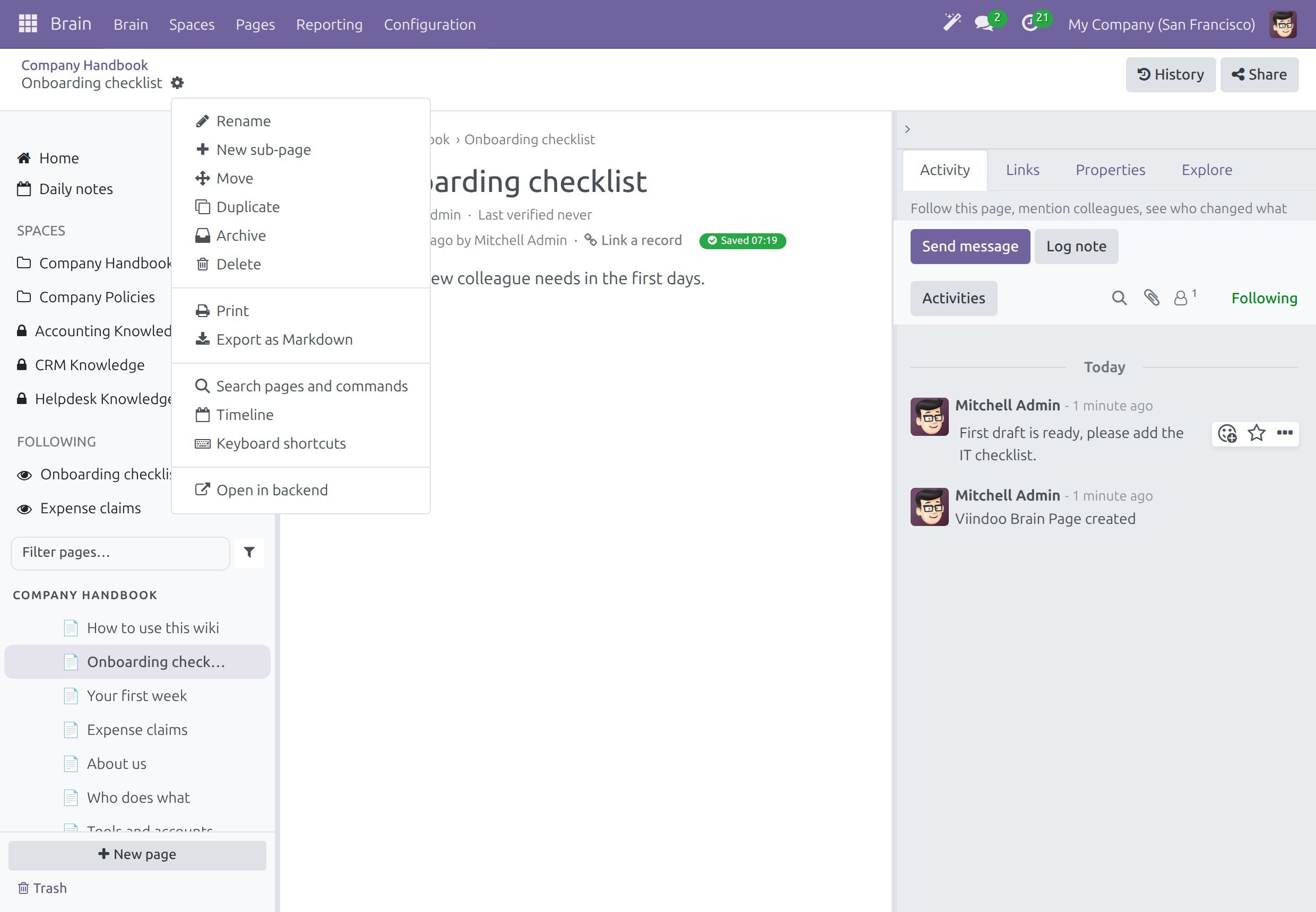 The gear menu of a page with Rename, New sub-page, Move, Duplicate, Archive, Delete, Print, Export as Markdown, Search pages and commands, Timeline, Keyboard shortcuts and Open in backend