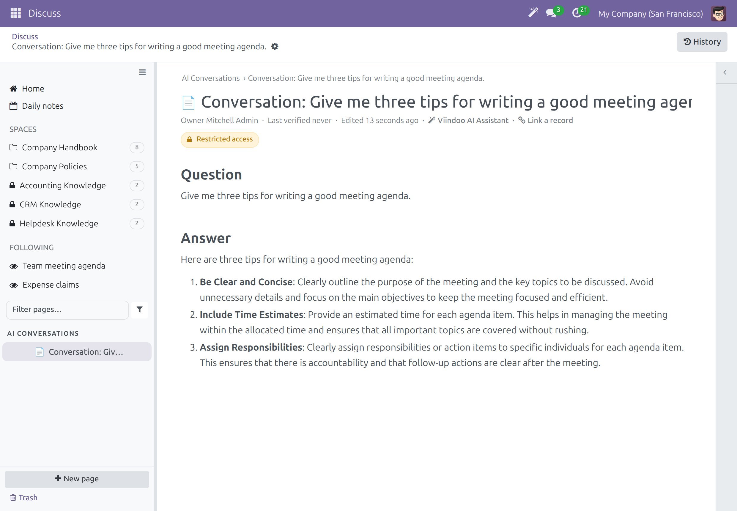 The saved page in the AI Conversations Space with Question and Answer, the assistant's name under the title and the Restricted access label