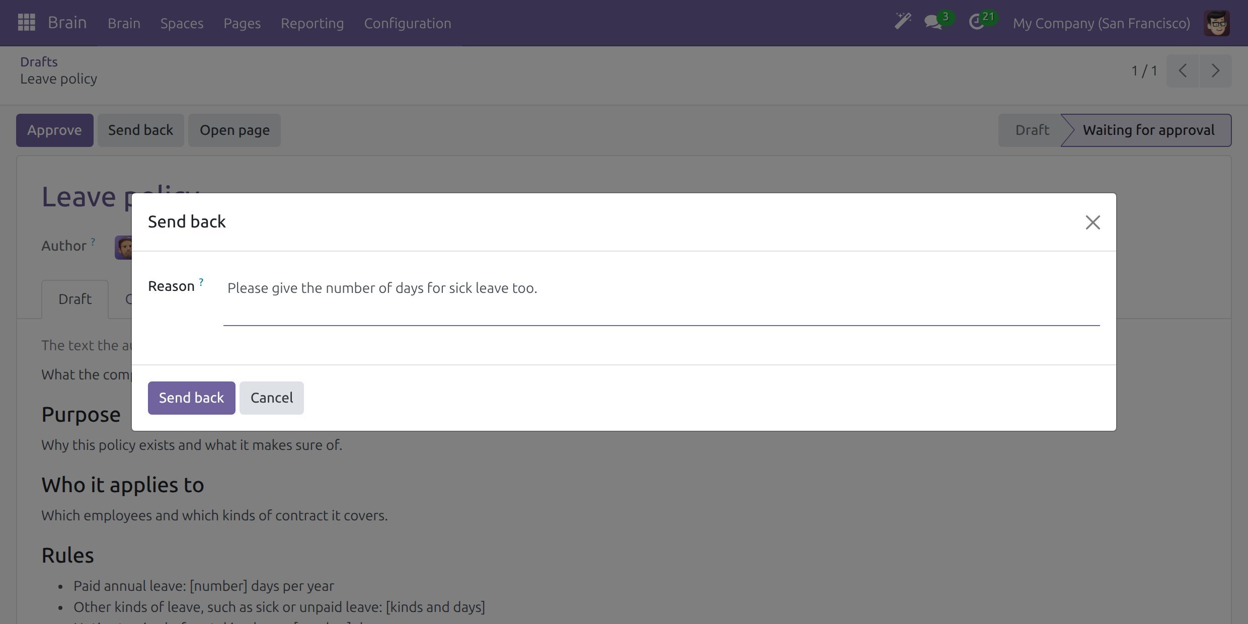 The Send back dialog with a reason typed in the Reason field