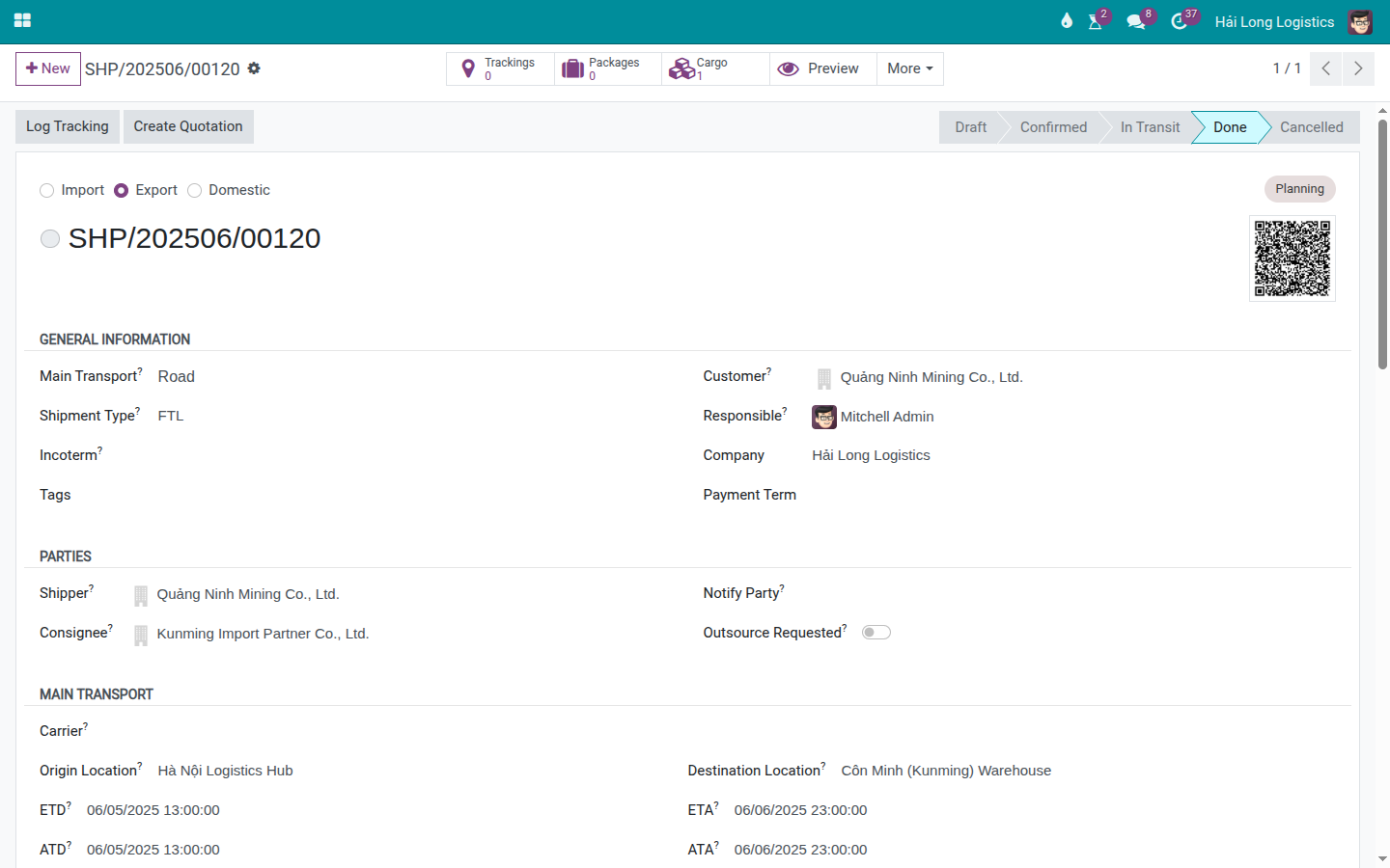 Road export shipment in Done status with the Charges tab showing revenue and cost lines for gross profit reconciliation.