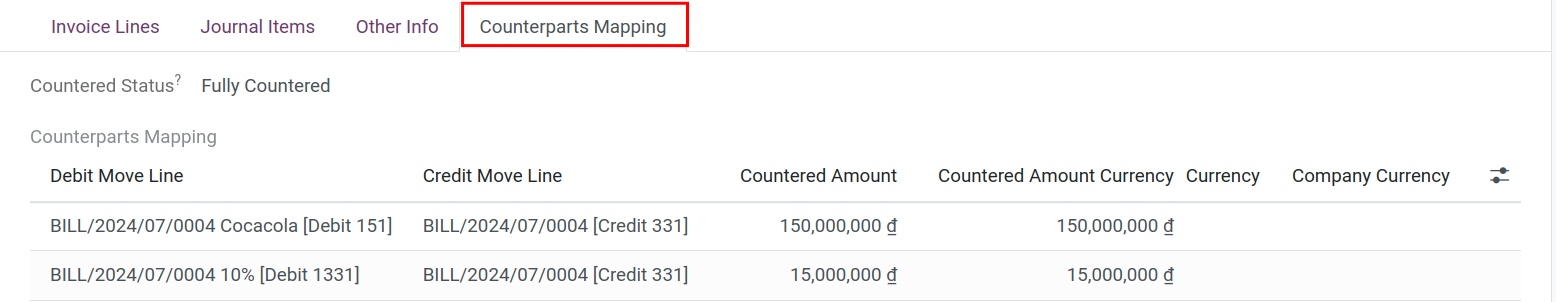 Counterparts Mapping tab - Viindoo accounting software