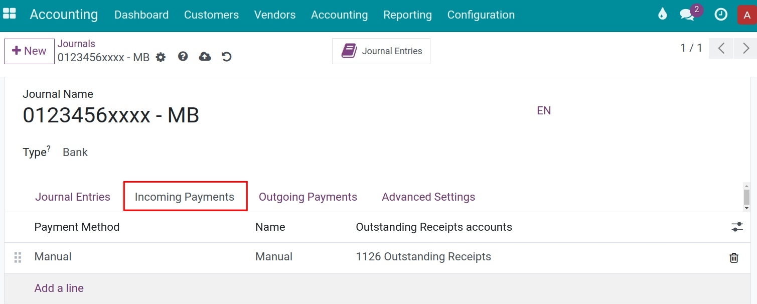 Incoming Payments configuration in Bank account journal - Viindoo Accounting software