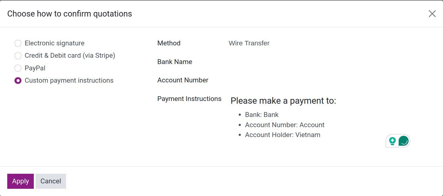 Set up payment method for order confirmation - Viindoo