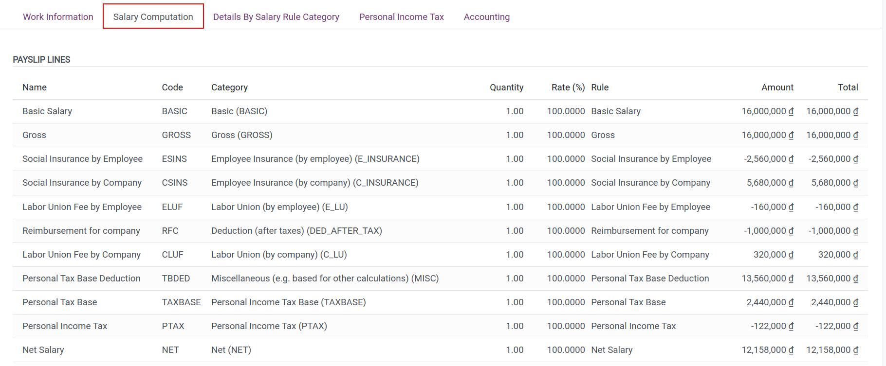Salary computation tab in Viindoo