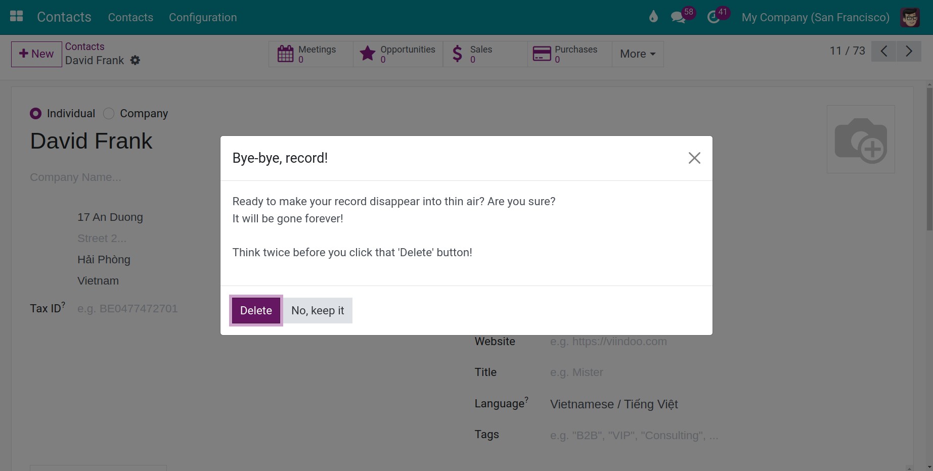 confirm to delete a contact