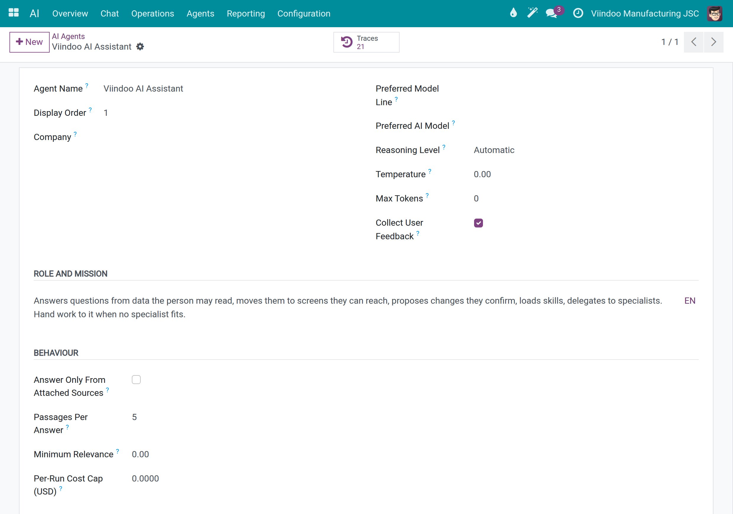 The form of the Viindoo AI Assistant with its role, mission and behaviour settings