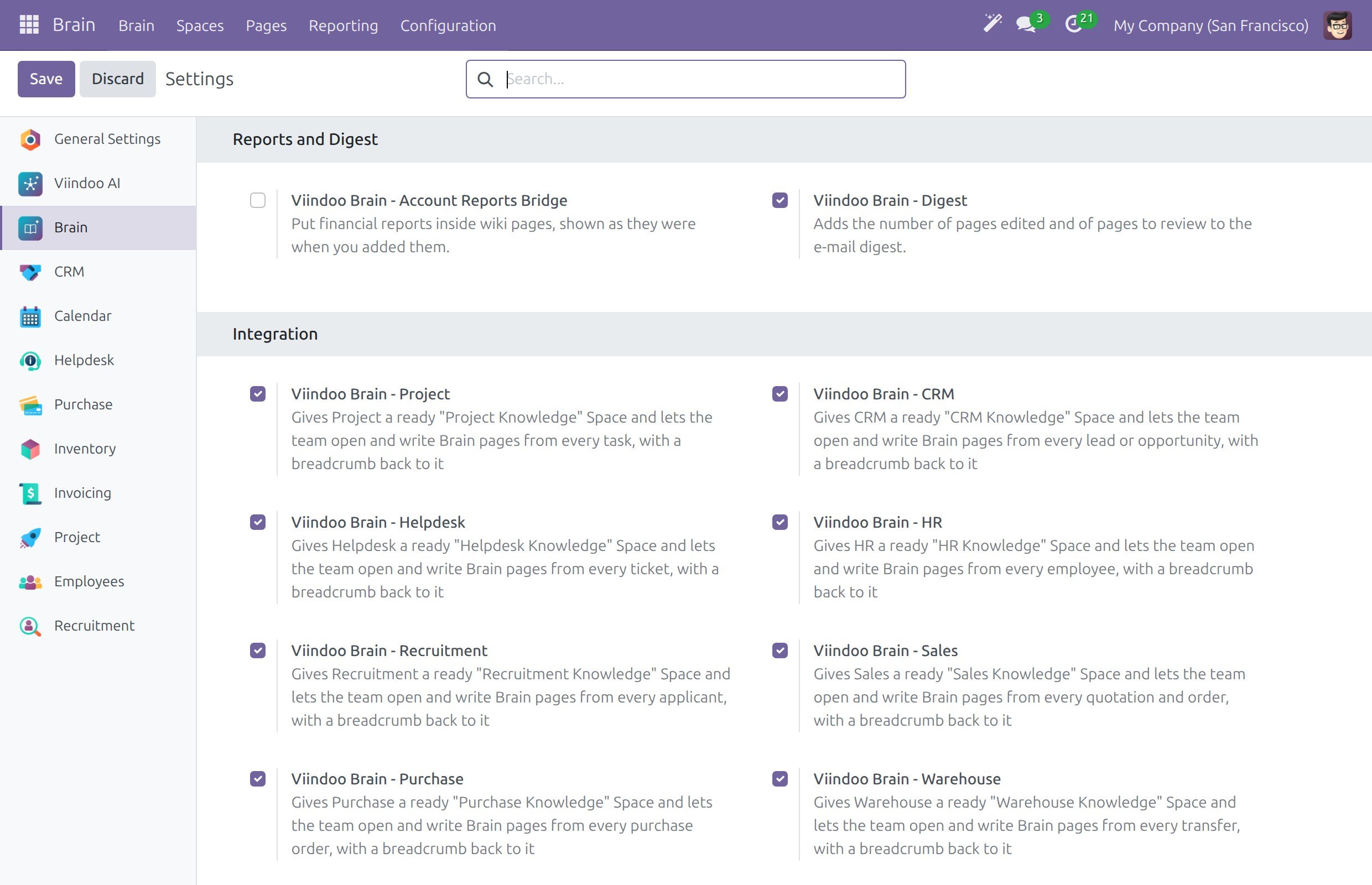 The Reports and Digest and Integration blocks of the Brain settings with the add-on tick boxes and their one-line descriptions