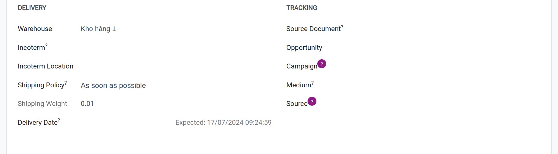 delivery and tracking on the sale order